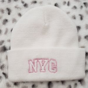 NYC White Beanie with Pink Lettering